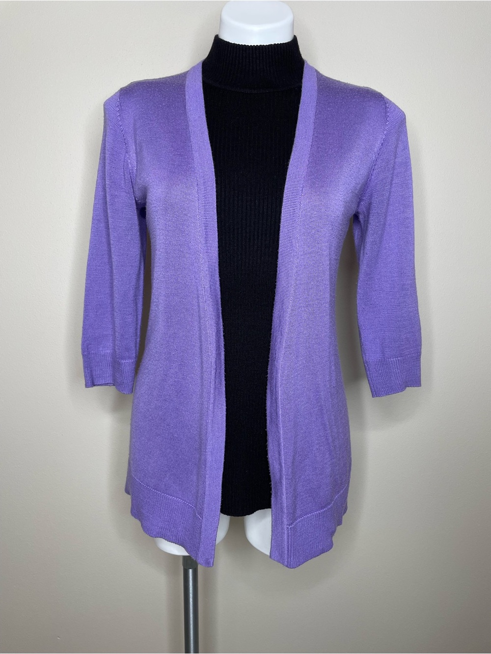 New York & Company Lavender Open-Front Cardigan Gathered Back Waist